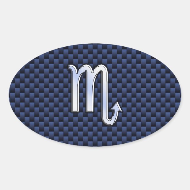 Chrome Scorpio Zodiac Sign on Blue Carbon Fiber Oval Sticker (Front)