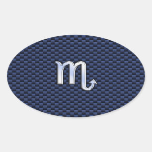 Chrome Scorpio Zodiac Sign on Blue Carbon Fiber Oval Sticker