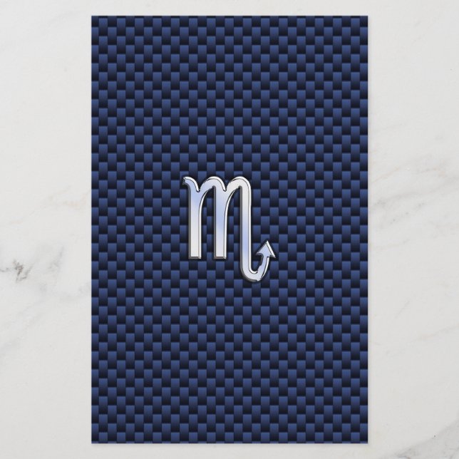Chrome Scorpio Zodiac Sign on Blue Carbon Fiber Stationery (Front)