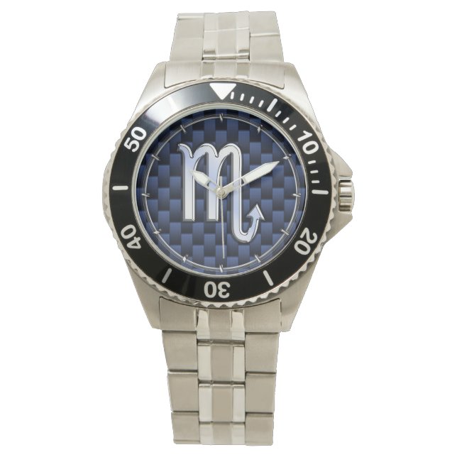 Chrome Scorpio Zodiac Sign on Blue Carbon Fiber Watch (Front)