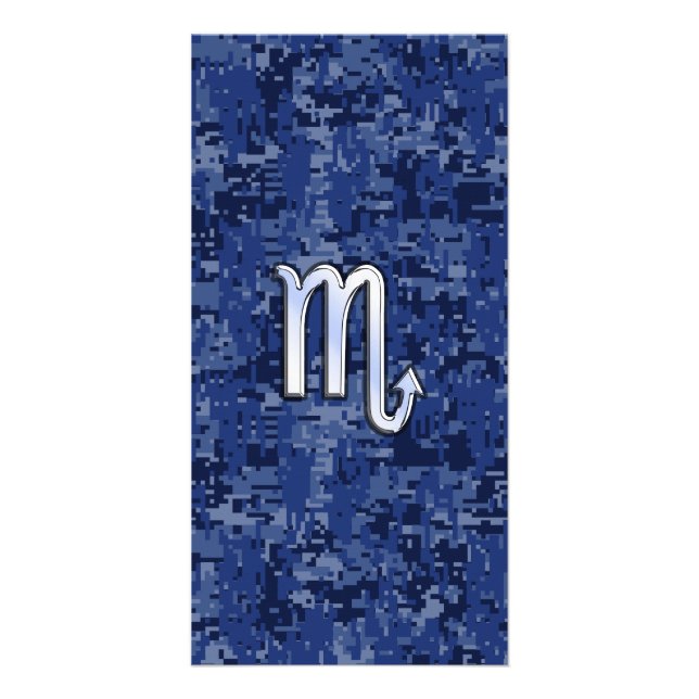 Chrome Scorpio Zodiac Sign on Navy Blue Camo Card (Front)