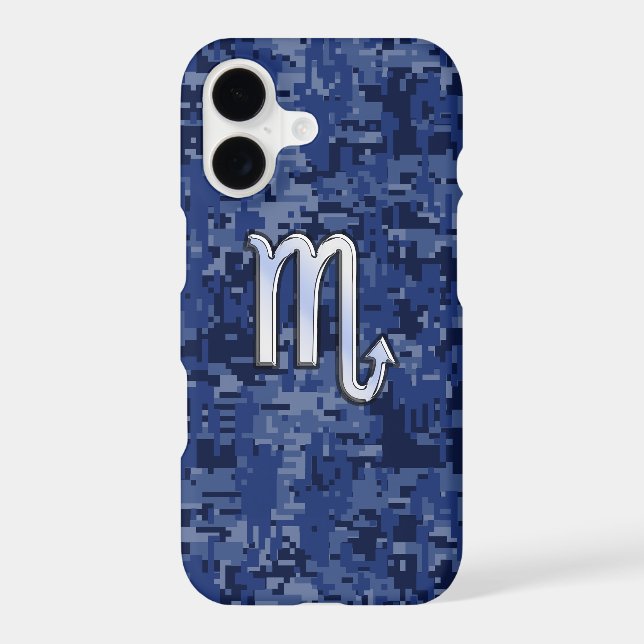 Chrome Scorpio Zodiac Sign on Navy Blue Camo iPhone Case (Back)
