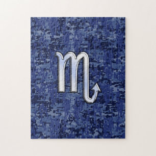 Chrome Scorpio Zodiac Sign on Navy Blue Camo Jigsaw Puzzle