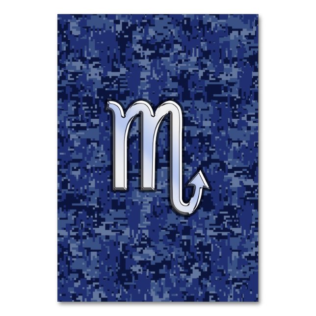 Chrome Scorpio Zodiac Sign on Navy Blue Camo Table Number (Front)