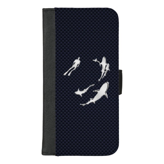 Chrome Scuba Diver Print on Navy Carbon Fiber iPhone Wallet Case (Front)