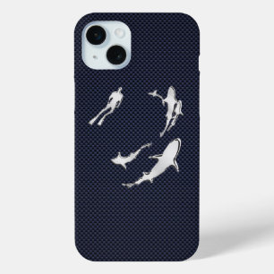 Chrome Sharks on Carbon Fiber Print iPhone 15 Plus Case