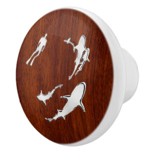 Chrome Sharks on Nautical Mahogany Grain Print Ceramic Knob