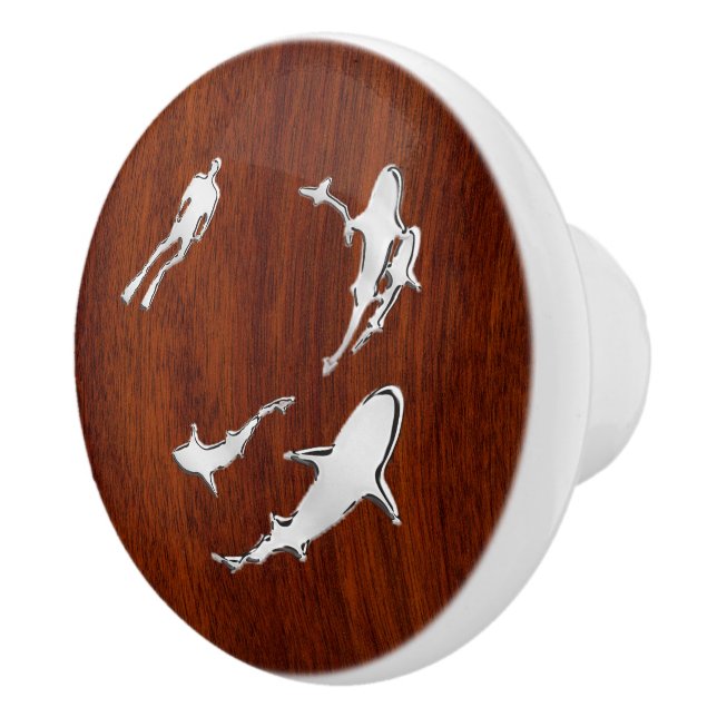 Chrome Sharks on Nautical Mahogany Grain Print Ceramic Knob (Right)