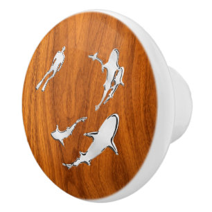 Chrome Sharks on Nautical Teak Wood Grain Print Ceramic Knob
