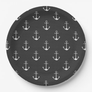 Chrome Silver Anchors on Carbon Fiber Pattern Paper Plates