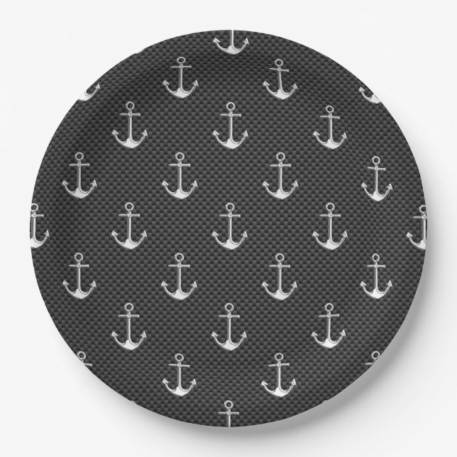 Chrome Silver Anchors on Carbon Fiber Pattern Paper Plates (Front)