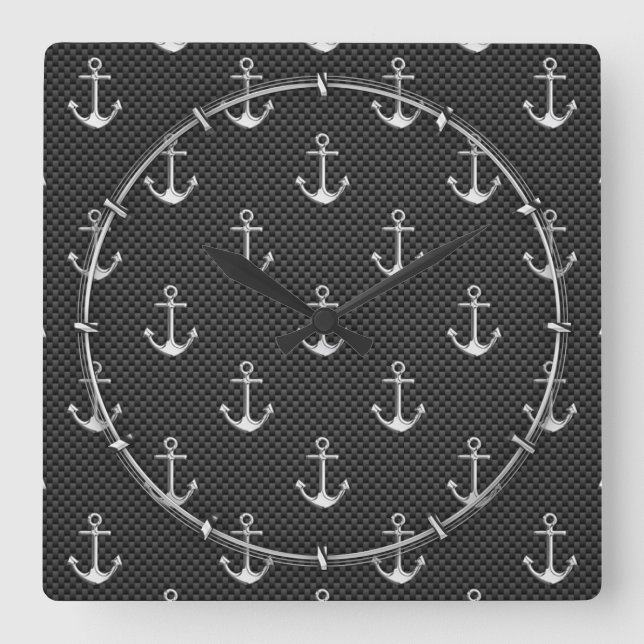 Chrome Silver Anchors on Carbon Fiber Pattern Square Wall Clock (Front)