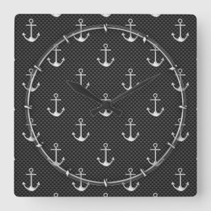 Chrome Silver Anchors on Carbon Fibre Pattern Square Wall Clock