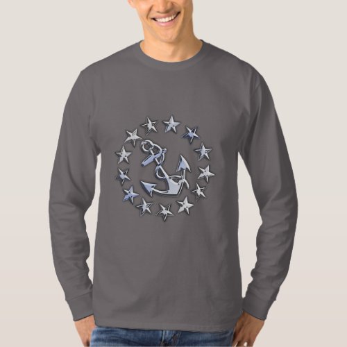 Chrome Silver Like Nautical Yacht Flag Stars Print T_Shirt