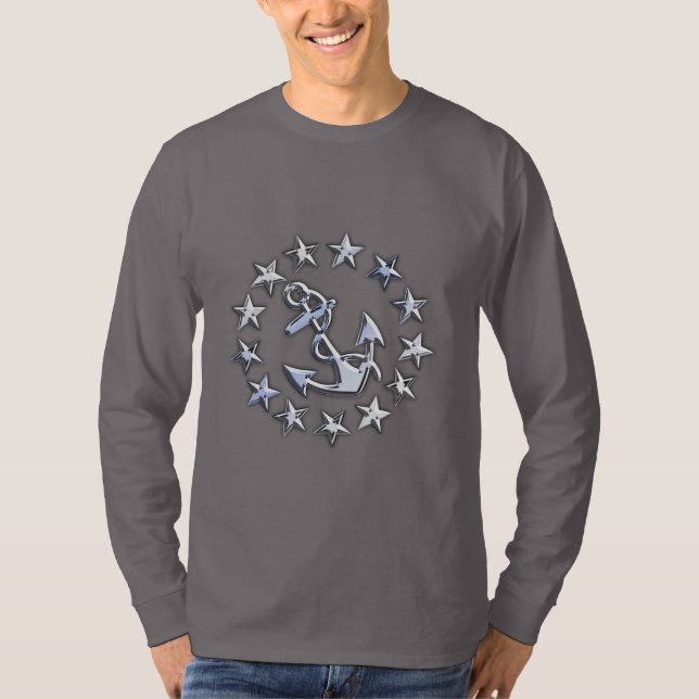 Chrome Silver Like Nautical Yacht Flag Stars Print T-Shirt (Front)