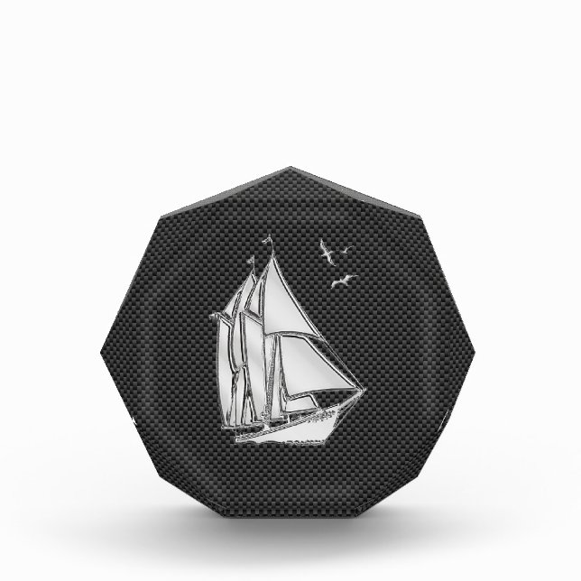 Chrome Silver Like Sailboat on Carbon Fiber Acrylic Award (Front)