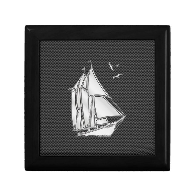 Chrome Silver Like Sailboat on Carbon Fiber Gift Box (Front)