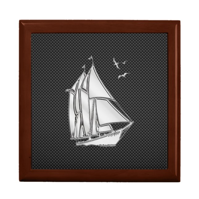 Chrome Silver Like Sailboat on Carbon Fiber Gift Box (Front)