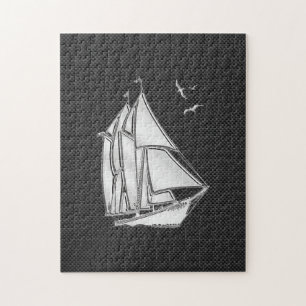 Chrome Silver Like Sailboat on Carbon Fiber Jigsaw Puzzle