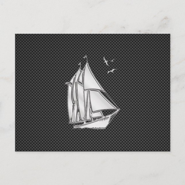 Chrome Silver Like Sailboat on Carbon Fiber Postcard (Front)