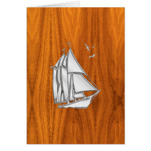 Chrome Silver like Sailboat on Teak Veneer Cards