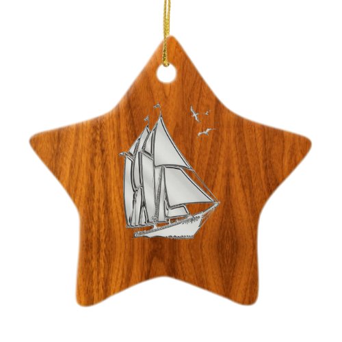 Chrome Silver like Sailboat on Teak Veneer Ceramic Ornament