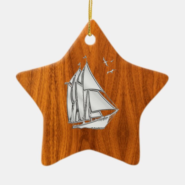 Chrome Silver like Sailboat on Teak Veneer Ceramic Ornament (Front)