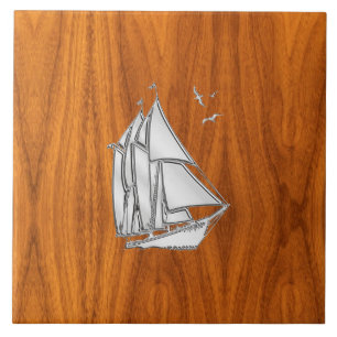 Chrome Silver like Sailboat on Teak Veneer Ceramic Tile