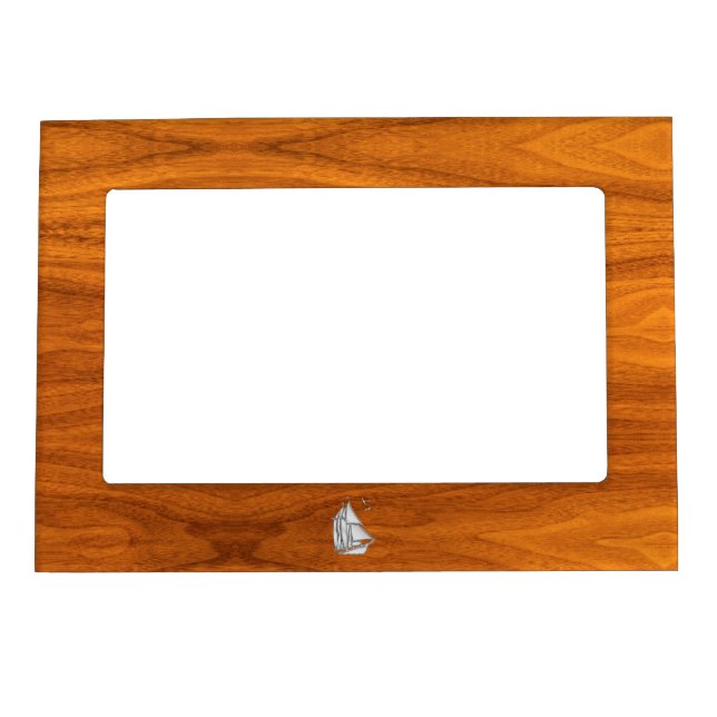 Chrome Silver like Sailboat on Teak Veneer Magnetic Photo Frame (Front)