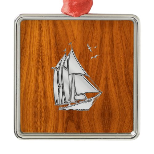 Chrome Silver like Sailboat on Teak Veneer Metal Ornament