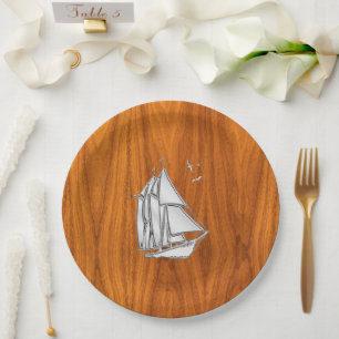 Chrome Silver like Sailboat on Teak Veneer Paper Plates