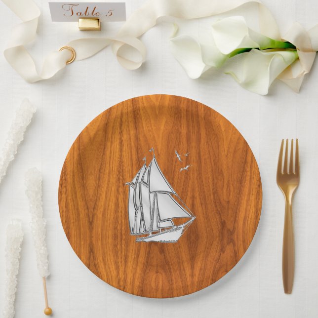 Chrome Silver like Sailboat on Teak Veneer Paper Plates (Wedding)