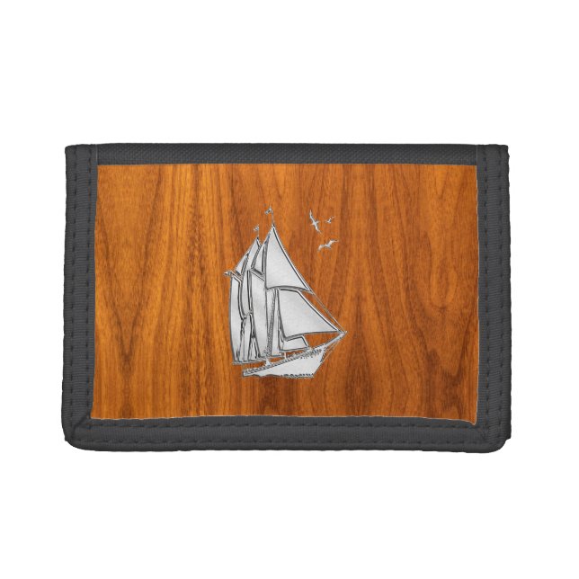 Chrome Silver like Sailboat on Teak Veneer Trifold Wallet (Front)
