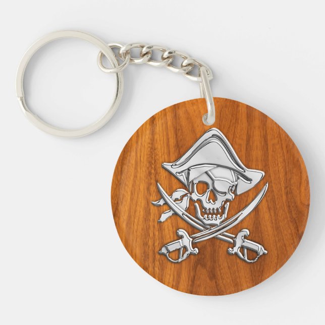 Chrome Silver Pirate on Teak Veneer Decor Keychain (Front)