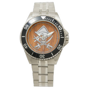 Chrome Silver Pirate on Teak Veneer Decor Watch