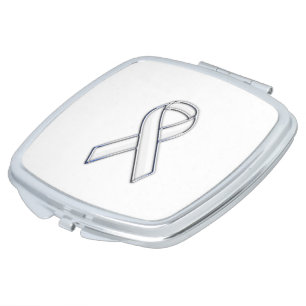Chrome Silver Print Belted White Ribbon Awareness Compact Mirror