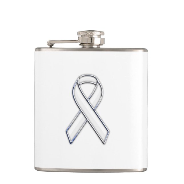 Chrome Silver Print Belted White Ribbon Awareness Flask (Front)