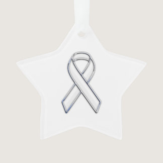Chrome Silver Print Belted White Ribbon Awareness Ornament