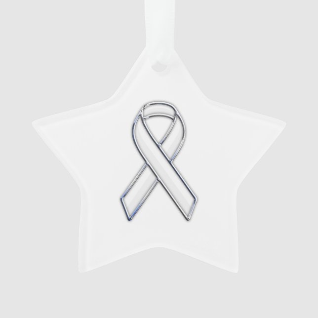 Chrome Silver Print Belted White Ribbon Awareness Ornament (Front)