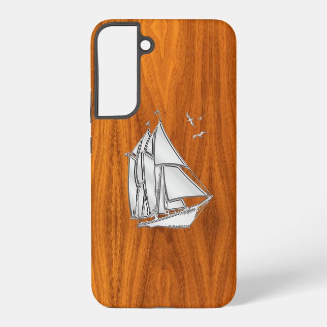 Chrome Silver Sailing on Teak Veneer Decor Samsung Galaxy Case (Back)
