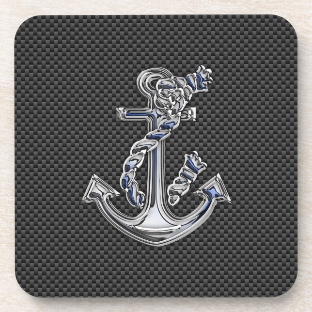 Chrome Silver Style Rope Anchor on Carbon Fiber Beverage Coaster (Front)
