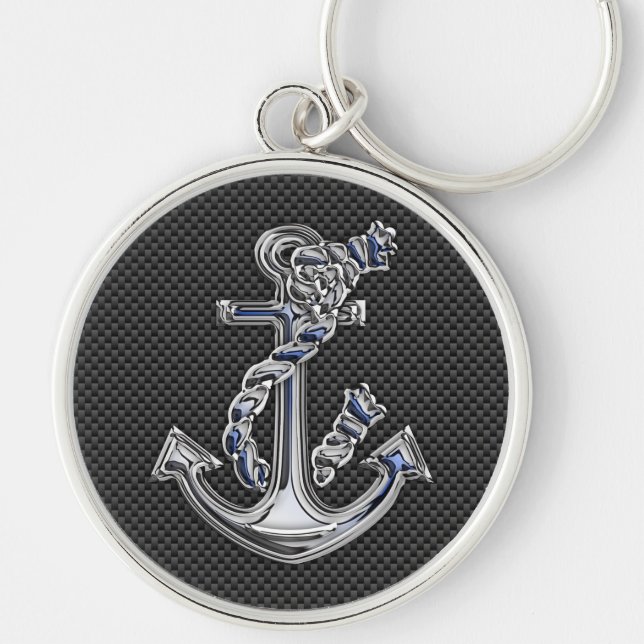 Chrome Silver Style Rope Anchor on Carbon Fiber Keychain (Front)