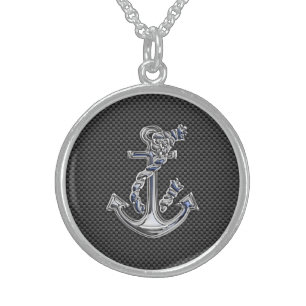 Chrome Silver Style Rope Anchor on Carbon Fiber Sterling Silver Necklace