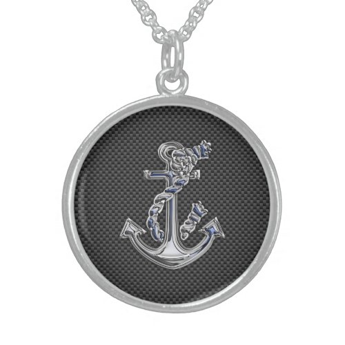 Chrome Silver Style Rope Anchor on Carbon Fiber Sterling Silver Necklace