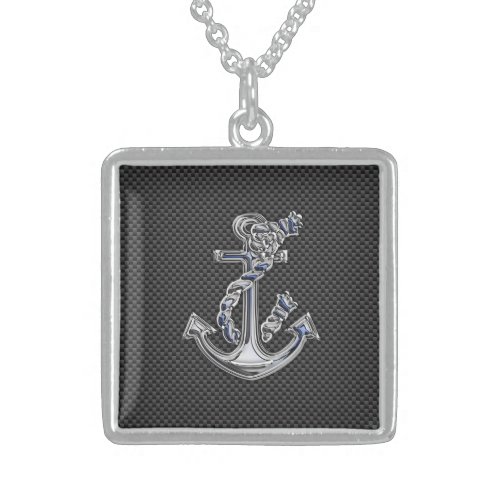 Chrome Silver Style Rope Anchor on Carbon Fiber Sterling Silver Necklace