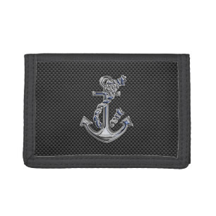 Chrome Silver Style Rope Anchor on Carbon Fiber Tri-fold Wallet