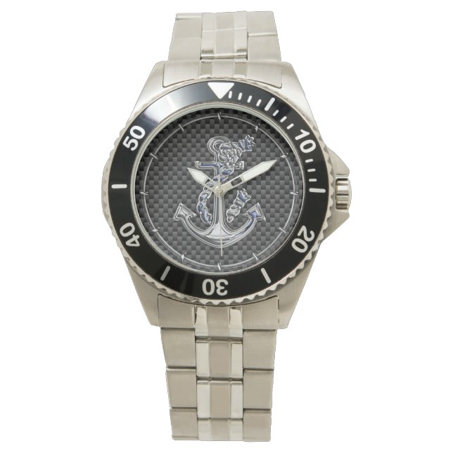 Chrome Silver Style Rope Anchor on Carbon Fiber Watch (Front)
