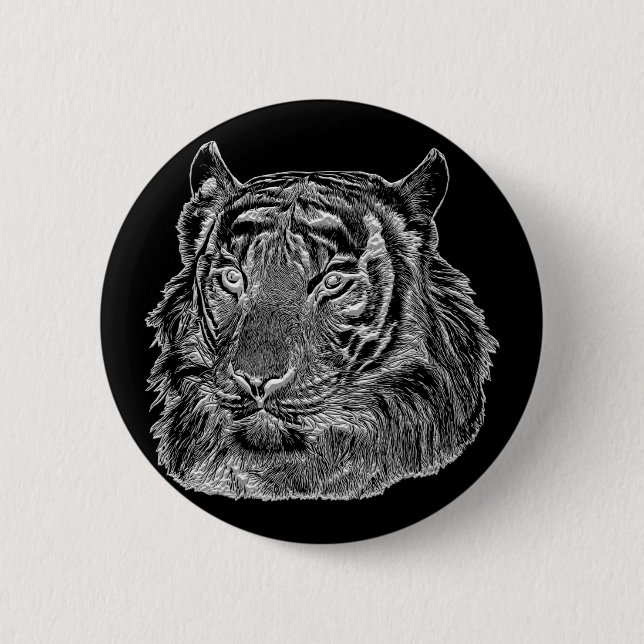 chrome silver tiger face animal nature jungle art button (Front)