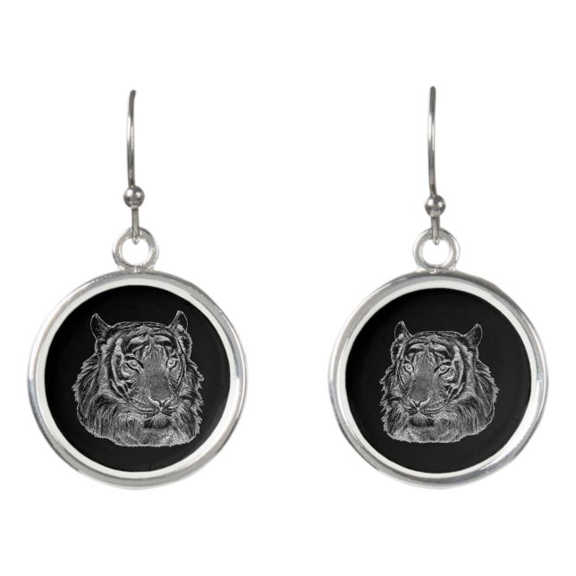 chrome silver tiger face animal nature jungle art  earrings (Front)
