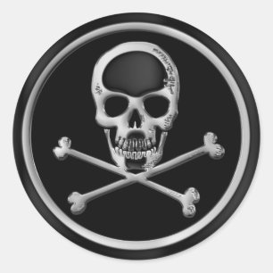 CHROME SKULL AND CROSSBONES CLASSIC ROUND STICKER